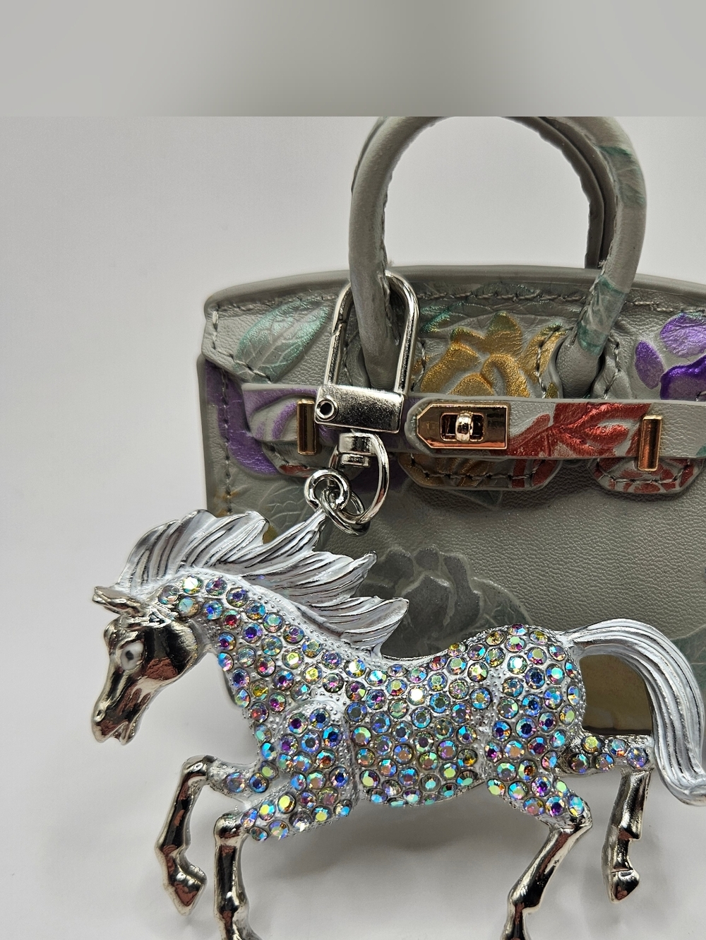 Embossed Leather Mini Bag With Rhinestone Horse Charm Keychain